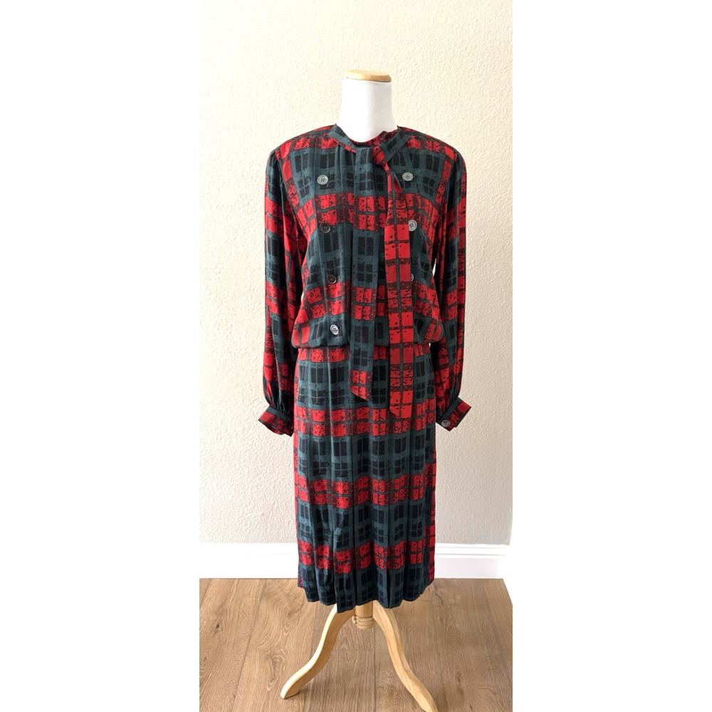 Vintage Albert Nipon Dress 4 Red Green Plaid Silk Pleats Removable White Collar